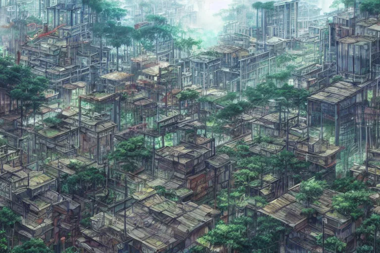 Image similar to kowloon walled forest city, still from studio ghibli anime movie, digital art, artgerm, trending on artstation