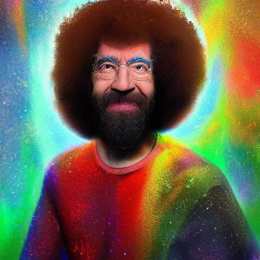 Image similar to improbability, octane render, portrait made of paint, splashes of colors, bob ross comic book art