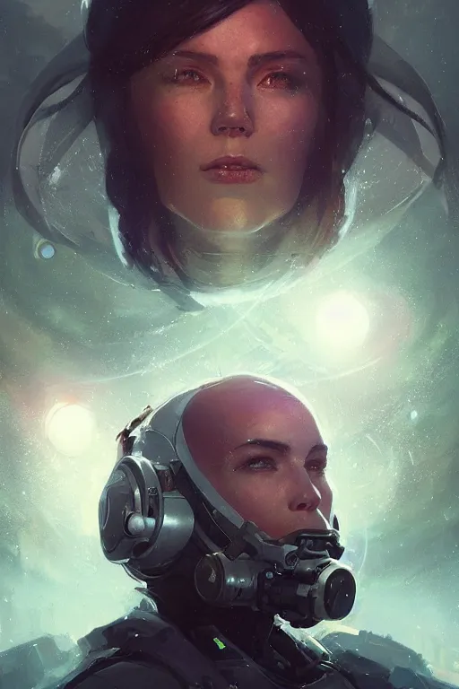 Image similar to A full portrait of a scifi heavy deep space freighter pilot, by Raymond Swanland Greg Rutkowski Lise Deharm, {perfect face}, {perfect eyes}, elegant regal posture