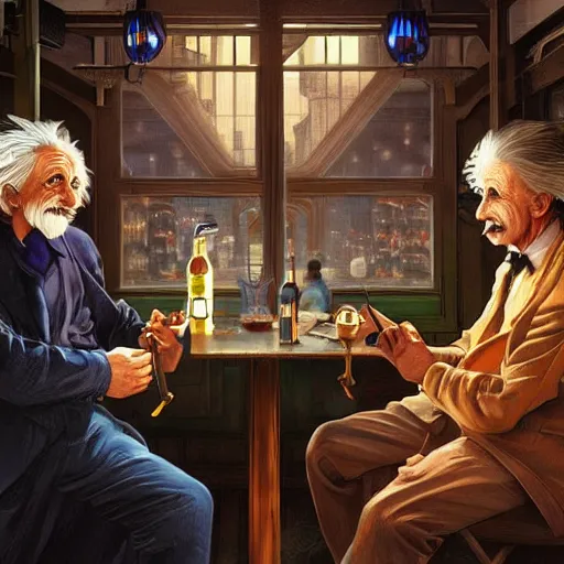 Prompt: Full colour render of albert einstein and nikola tesla drinking convivially in a cosy bierhall. 4K award winning photorealistic concept art. smooth, sharp focus, illustration, cyberpunk, dystopian by artgerm and moebius and alphonse mucha.