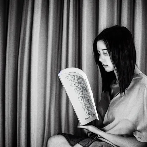 Image similar to a beautiful women readinf a book, nerdy, award winning photo, greyscale