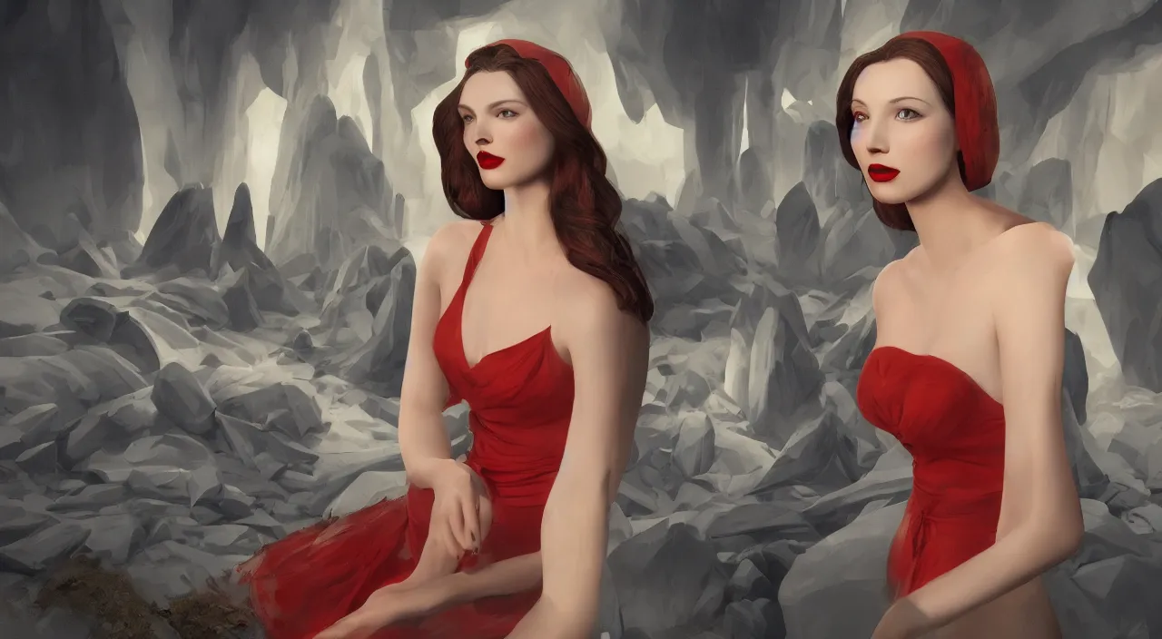 Image similar to a matte painting of Female character, pale skin, 27, red lips, Ukrainian traditional clothes, herring motive by Frank Lloyd Wright and Zaha Hadid torch volume light stylized illustration digital airbrush painting, 3d rim light, hyperrealistic masterpiece, artstation, cgsociety, kodakchrome, golden ratio