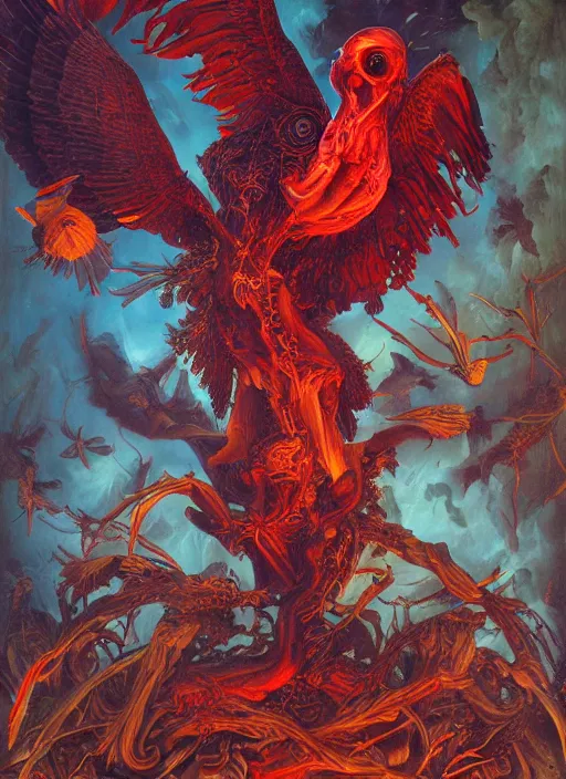 Image similar to an anatomical oil painting of a bioluminescent Bird from a medical journal by Nychos, Julie Bell, Peter Mohrbacher highly detailed, 8k, birds, mushrooms, flowing fabric, splashes of red, dramatic lighting