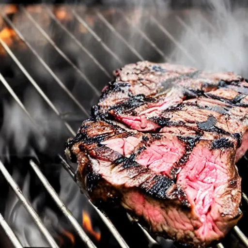 Prompt: a steak cooking on a charcoal grill