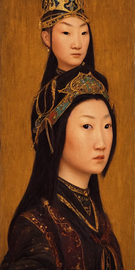 Prompt: Highly detailed and cinematic (((Renaissance))) period oil painting of an Mongolian princess face portrait, an oil painting ((masterpiece)) by ((Josep Tapiró Baró)), RPG portrait, dynamic lighting, 8K
