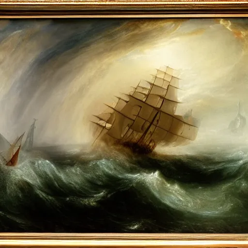 Prompt: giant octopus with giant tentacles holding with a frigate under a stormy sea, in the style of jmw turner