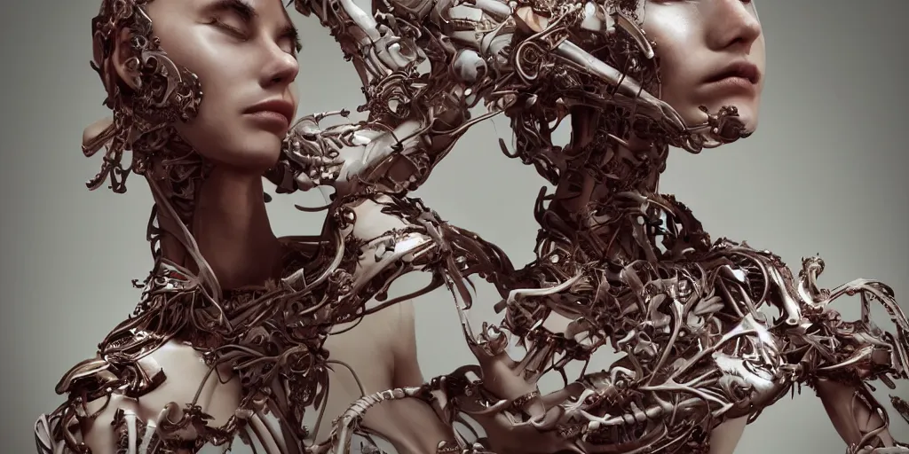 Image similar to hyper realistic photography of a stunningly beautiful cyborg female, plated arm, intimate, chest, holding close, ribbons, in the style of beth cavener, jin kagetsu,, and wlop, highly detailed, intricate filigree, symmetry, masterpiece, award winning, sharp focus, concept art, highkey lighting, ambient lighting, octane render, 8 k, artstation