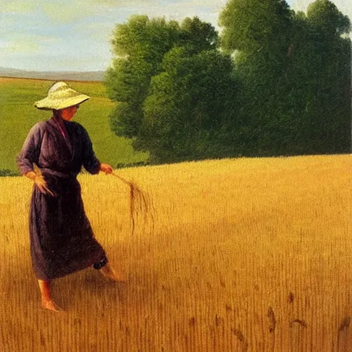 Prompt: cat farmer, walking in the wheat field, nature landscape on the background, sharp deep, oil art