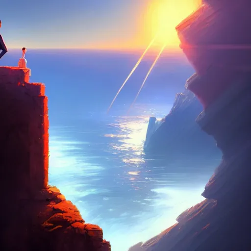 Image similar to a man sitting on a cliff watching the sun explode, painting, digital art, harsh lighting, 4 k hd wallpaper, trending on art station, art by greg rutkowski and andreas rocha 4 k