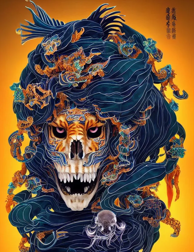 Image similar to 3 d goddess tiger skull half - turn portrait with long hair with ram skull. beautiful intricately detailed japanese crow kitsune mask and clasical japanese kimono. betta fish, jellyfish phoenix, bio luminescent, plasma, ice, water, wind, creature, artwork by tooth wu and wlop and beeple and greg rutkowski