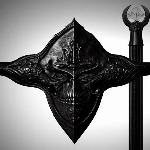 Image similar to a black sword skull crest, sharp tip, ornament, weapon, a 3 d render by dom qwek, studio lighting, front side view sheet, trending on polycount, artstation, hard surface modeling, rendered in maya, 3 ds max, blender, artstation hd, vray