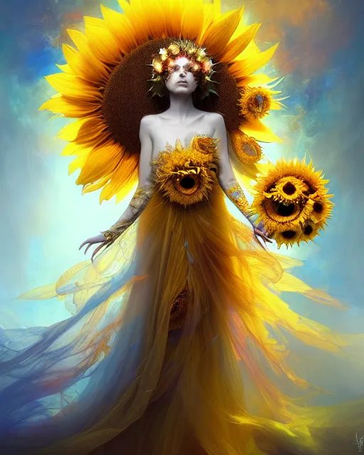 Prompt: Full View Portrait Mystical ethereal sunflower deity wearing beautiful dress, sunflower Dryad, 4k digital masterpiece by Anna dittman and Ruan Jia and Alberto Seveso, fantasycore, Hyperdetailed, realistic oil on linen, soft lighting, sunflower background, featured on Artstation