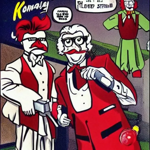 Prompt: colonel sanders shooting ronald mcdonald in the knee with a laser gun