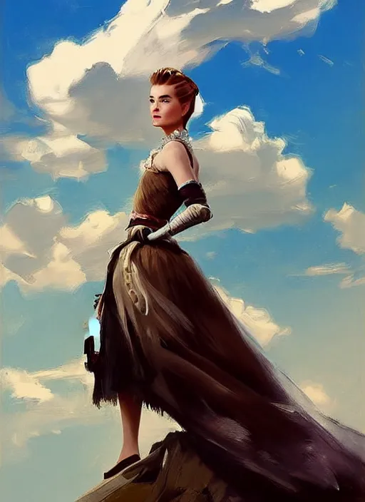 Image similar to A combination of Grace Kelly’s and Audrey Hepburn's appearance as Aloy from Horizon Zero Dawn, countryside, calm, fantasy character portrait, dynamic pose, above view, sunny day, thunder clouds in the sky, artwork by Jeremy Lipkin and Giuseppe Dangelico Pino and Michael Garmash and Rob Rey and Greg Manchess, very coherent asymmetrical artwork, sharp edges, perfect face, simple form, 100mm