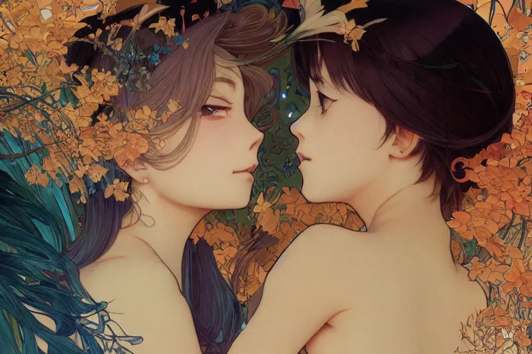 Prompt: two beautiful girls watching fireworks, separated, digital art, painted by range murata, akiyuki shinbou, alphonse mucha, masamune shirow, josan gonzales, greg rutkowski makoto shinkai, highly detailed, realistic, cinematic, trending on pixiv fanbox