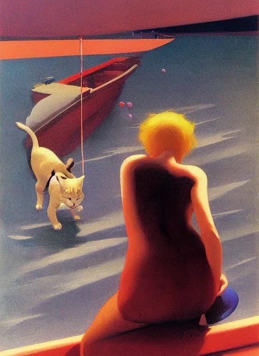 Prompt: woman chasing a cat on a boat Edward Hopper and James Gilleard, Zdzislaw Beksinski, Katsuhuro Otomo highly detailed