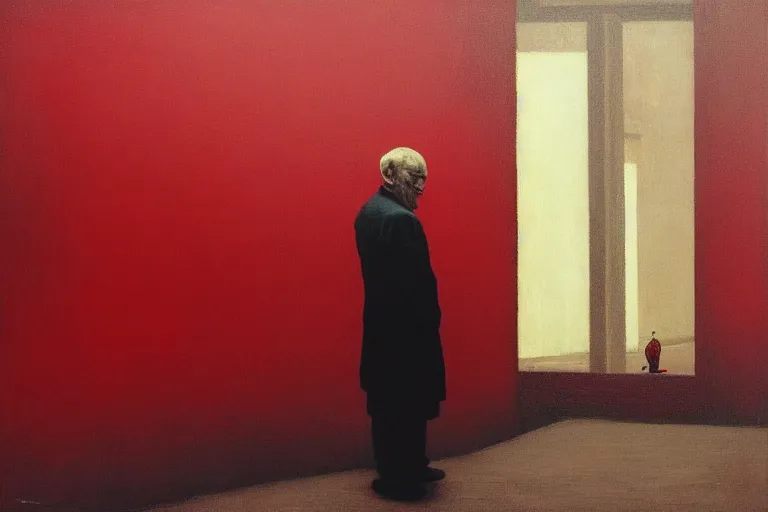 Prompt: only with red, a red old man try to sell a portrait, in a square, crowd cheers, in the style of beksinski, parts by edward hopper, parts by rodcenko, parts by yue minjun, intricate and epic composition, red by caravaggio, insanely quality, highly detailed, masterpiece, red light, artstation, 4 k