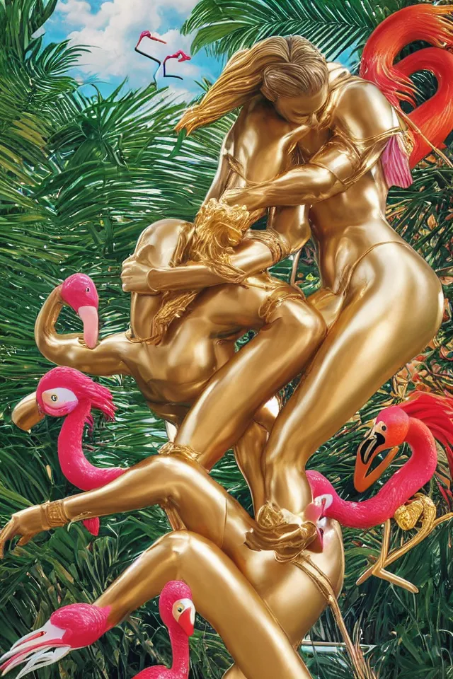 Prompt: an extreme close - up of a statue of a chrome cyborg lycra nymph vinetria with long flowing golden blonde hair wrestling with a giant flamingo, tropical flower plants, thick pigmented smoke, by jeff koons, hajime soryama, boris vallejo, artgerm, greg rutkowski, alphonse mucha