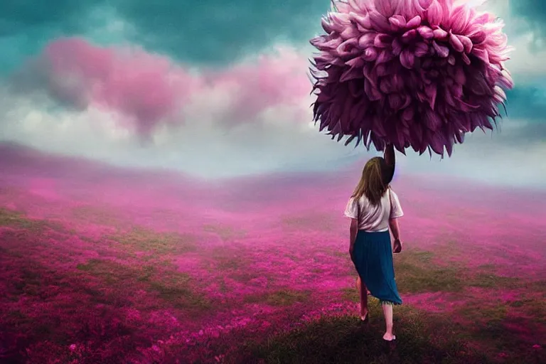Image similar to giant dahlia flower crown on head, girl walking on mountain, surreal photography, pink storm clouds, dramatic light, impressionist painting, digital painting, artstation, simon stalenhag