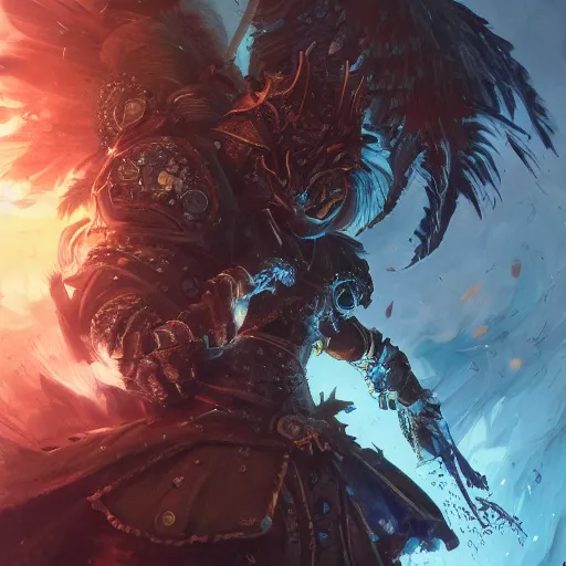 Image similar to parrot, battle armour, Anthropomorphized, casting epic spell, magic the gathering artwork, D&D, fantasy, cinematic lighting, centered, symmetrical, highly detailed, digital painting, artstation, concept art, smooth, sharp focus, illustration, volumetric lighting, epic Composition, 8k, art by Akihiko Yoshida and Greg Rutkowski and Craig Mullins, heroic pose, oil painting, cgsociety, magic lab background