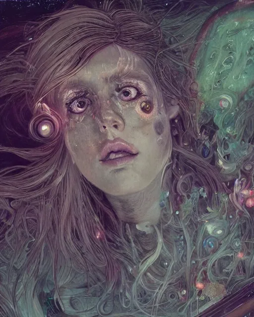 Prompt: a beautiful and eerie baroque painting of a gorgeous woman in dead space, with wild blonde hair and haunted eyes and freckles, 1 9 7 0 s, seventies, space station, neon light showing injuries, delicate ex embellishments, painterly, offset printing technique, inspired by hans bellmer