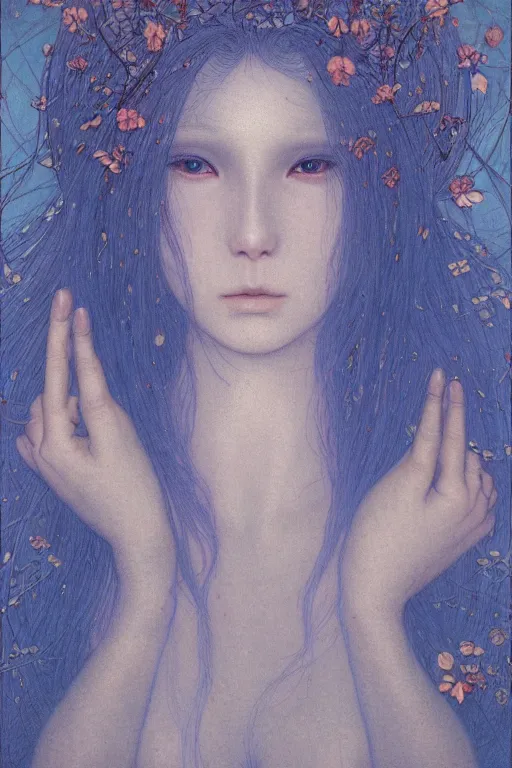 Image similar to portrait of beautiful young mainem, warhammer, japanic style, cyberpunk, a lot of scars, more and more flowers, blue head, the middle ages, highly detailed, artstation, illustration, art by jean delville, 8 k quality