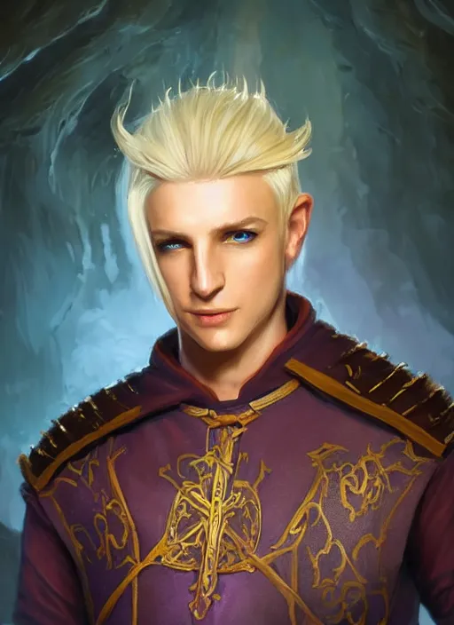 Image similar to male priest blonde parted hair healer, dndbeyond, bright, colourful, realistic, dnd character portrait, full body, pathfinder, pinterest, art by ralph horsley, dnd, rpg, lotr game design fanart by concept art, behance hd, artstation, deviantart, global illumination radiating a glowing aura global illumination ray tracing hdr render in unreal engine 5