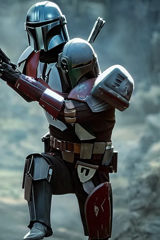 Image similar to a beautiful photo of a Mandalorian running through fire