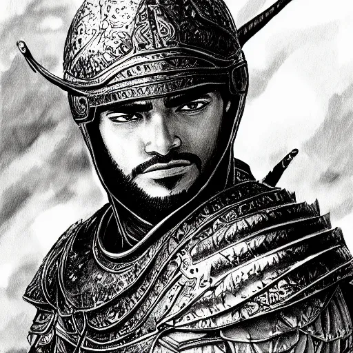 Prompt: a close up portrait of a young Sultan Saladin, art station, highly detailed, concept art, sharp focus, illustration in pen and ink, wide angle, by Kentaro Miura