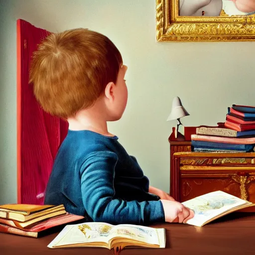Prompt: hyperrealistic hyperdetailed elaborate minimalist half-lenght side portrait of a child, reading an interesting maximalist illustrated book inside a modern room. in the style of Michelangelo and Caravaggio. amazing textures and light. flemish baroque, vibrant colours. matte background. HD 8x no frame