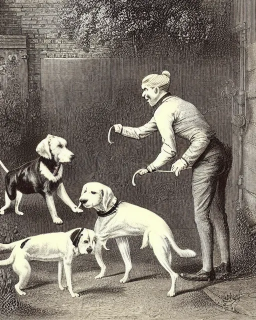 Image similar to “Who Let the Dogs Out” constables investigate the scene of a quaint garden, overrun by champion show dogs canines, a Victorian lithograph