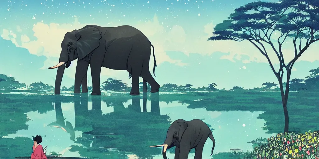 Prompt: elephant in front of a lake with gardens and waterfall vibrant highlights sharp contrast trending pixiv fanbox by victo ngai makoto shinkai takashi takeuchi studio ghibli