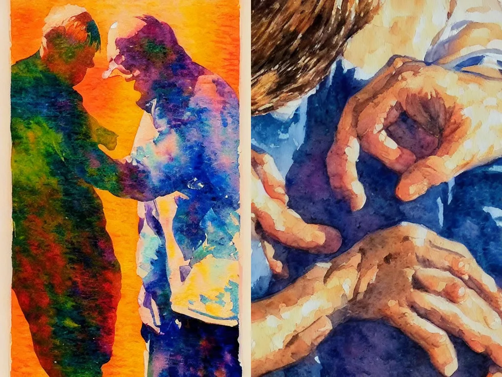 Prompt: big impressionist watercolor strokes by Andrew Henderson, by Rae Klein and by Anthony Cudahy, dramatic lighting, ap art, love art, an extreme close-up of a couple holding cumbling hands by Mark Tennant, fine art america, japanese woodblock