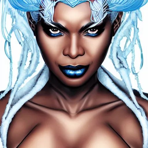 Prompt: Portrait of Ororo Munroe, a beautiful black woman in her 30s, with white hair and piercing blue eyes, symmetrical face, detailed face, delicate features, graphic novel, art by Ardian Syaf,