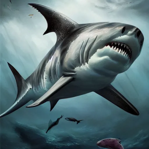 Image similar to a dream fantasy painting of ( white shark with blood teeth ) hunt a scuba diver, in the deep, trending on artstation, deviantart, matte painting by greg rutkowski, holly bruce, jon kuo