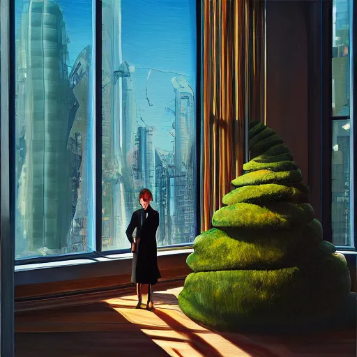 Image similar to huge flower as head, woman in suit standing by tall modern windows, luxury apartment, surreal photography, sunlight, impressionist painting, digital painting, artstation, simon stalenhag