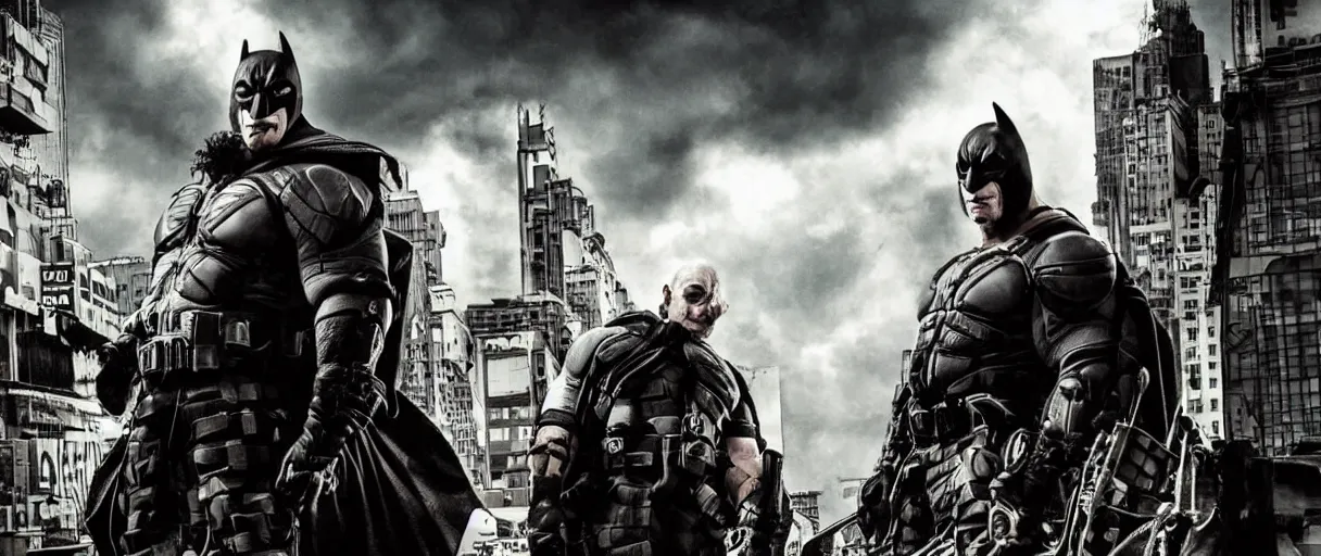 Image similar to A promotional photo of Bane. He's a big guy for you; The Dark Knight Returns