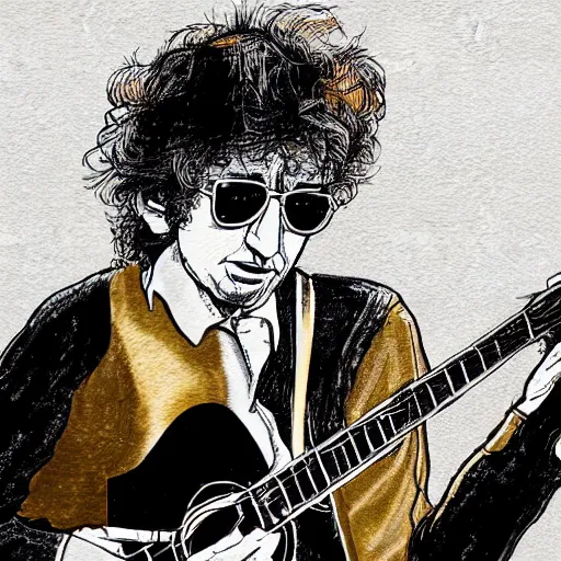 Prompt: illustration image for bob dylan riding a motorcycle and playing his guitar in the fulham f. c stadium, highly detailed, fantasy, cartoon style, painting
