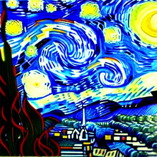 Image similar to painting of a giant shouting ( ( stay puft marshmallow man ) ) in the style of starry night by vincent van gogh intricate detail, low angle,