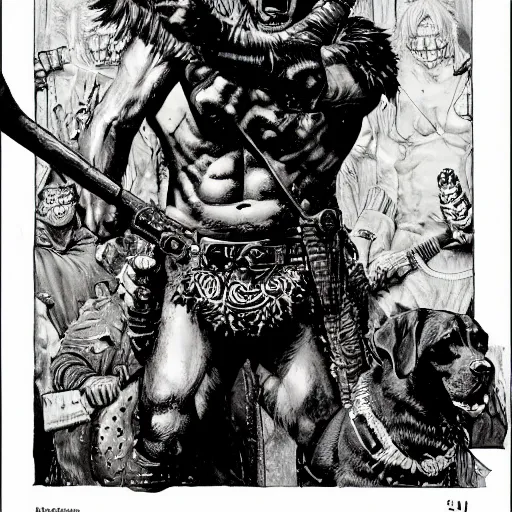 Image similar to grinning rottweiler barbarian, fantasy warrior, drooling, ultra detailed, 4 k, style of norman rockwell, style of richard corben.