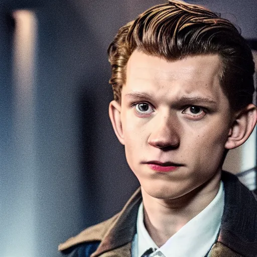 Image similar to tom holland as a rough dirty old man with a scruffy beard in a dark blue trenchcoat as the new doctor who, cinematic, volumetric lighting, f 8 aperture, cinematic eastman 5 3 8 4 film, photorealistic