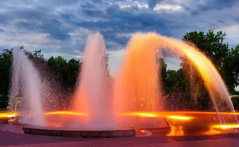 Image similar to a beautiful photo of a roundabout with a fountain shooting fire instead of water, sunset lighting, intricate detail, photorealistic