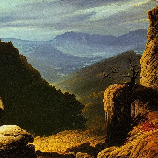 Image similar to a wanderer looking down from the peak of a mountain, distant valley, trees, sunset, dramatic light, oil painting, by caspar david friedrich