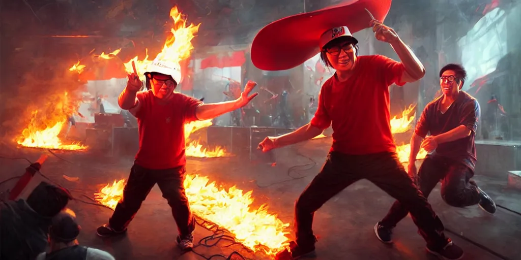 Prompt: character art by ruan jia, jackie chan wearing wayfarer glasses and red baseball hat at a music concert, on fire, fire powers, room filled with computer equipment