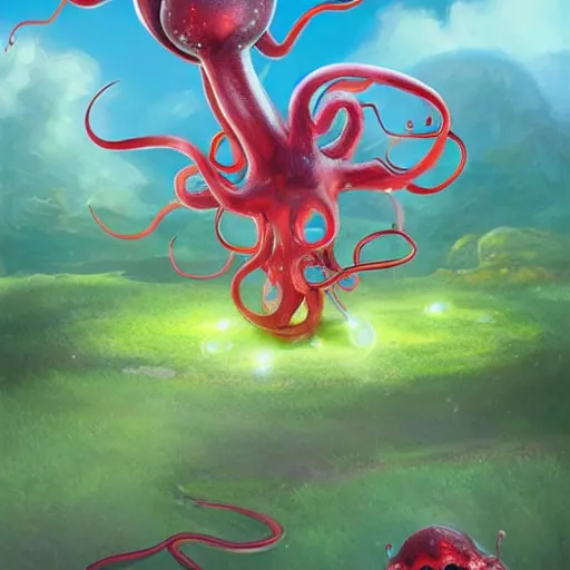 Image similar to a cute beautiful plant type pokemon with beautiful happy smile, red tentacles bursting out of his hair, full body portrait, highly detailed digital art, 3 d perspective, award - winning illustration, aesthetic, smooth, pokemon style, made by greg rutkowski, with an alien landscape in the background