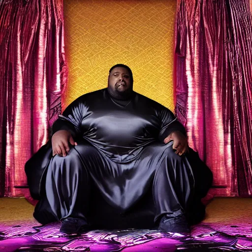 Image similar to Large black man sitting on throne wrapped in silk, background made of large folding curtains, blacklight lighting, dark, hyper detailed, hyper realistic, 8K phot realistic,