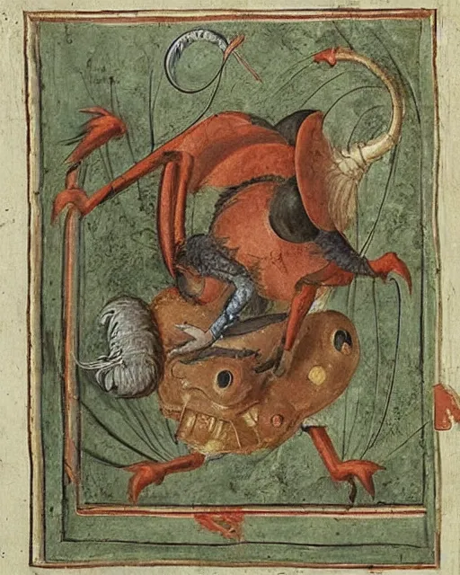 Image similar to a manuscript painting of Voltorb in the style of the Rochester Bestiary, Ashmole Bestiary