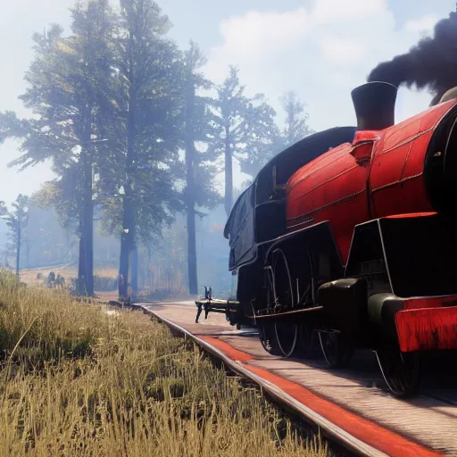 Image similar to futuristic sleek steam locomotive in red dead redemption 2