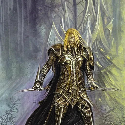 Image similar to elric of melnibone, silver and gold armor, in a metal forests, art by jeff catherine jones