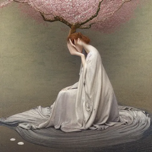 Image similar to a crying woman in a white gown kneeling at a beautiful shrine under a cherry blossom tree, rainy wet, ultradetailed, hd 8 k, agostino arrivabene, oil on canvas, detailed brushstrokes